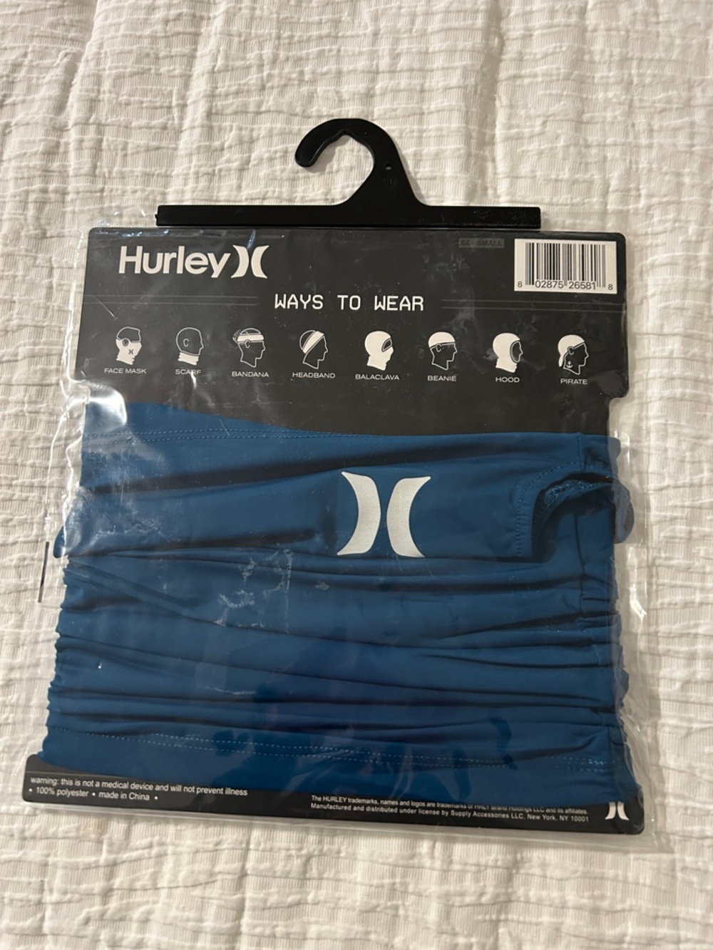 Hurley Blue Multifunctional Neck Gaiter with White Logo. New